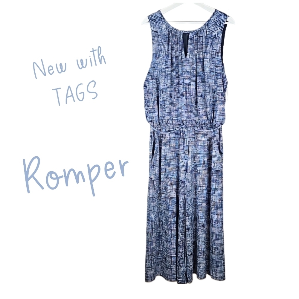 Women's Plus Silky Blue & White Print Romper, NWT, Size 1X